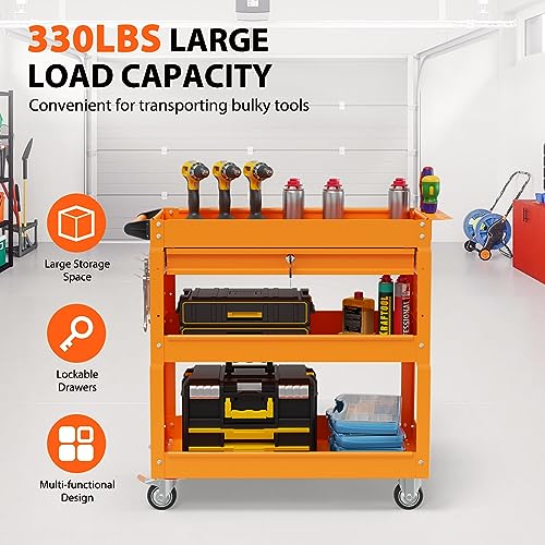 3 Tier Heavy Duty Rolling Tool Cart with Drawers (Orange)