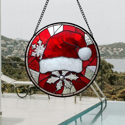 Stained Glass Window Hanging 4 Pcs Set Red Christmas Decorations Theme 7.8" (4-piece Red Christmas Set / 7.8x7.8 IN)