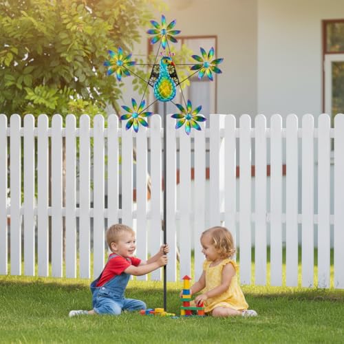 Peacock Colorful Flowers Wind Spinner with Stake (Green)