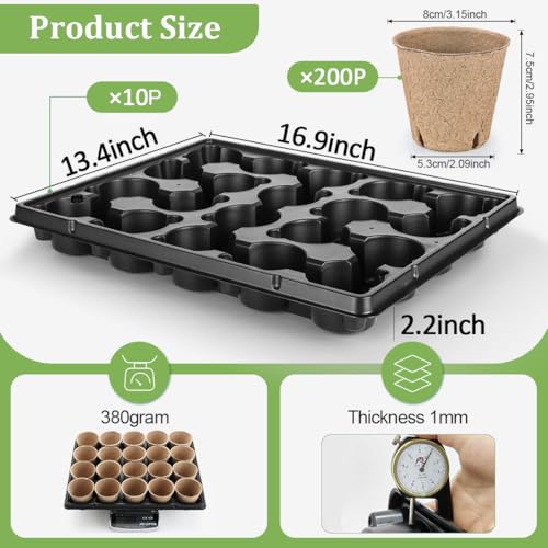 3.15 Inch Peat Pots 200 Pcs with 10 Pack 20 Cell Seed Starter Trays (Black / 3.15 Inch Peat Pots 200 Pack with 10 Pack Trays)