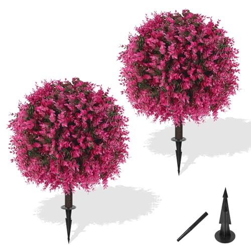 2 Pack Fake Pink Eucalyptus Topiary Ball Trees with Ground Spike (Pink Eucalyptus)