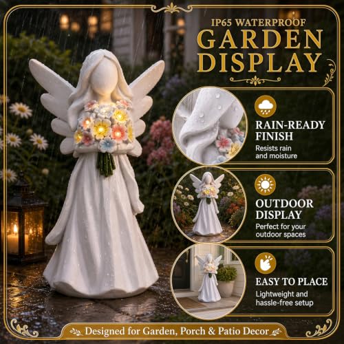 Solar Angel Garden Statue with Glowing Flowers (White)