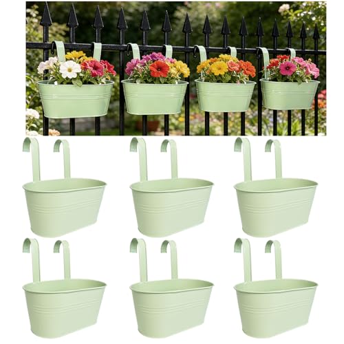 6 Pack 10" Balcony Hanging Metal Fence Planters Flower Pots (Mint Green)