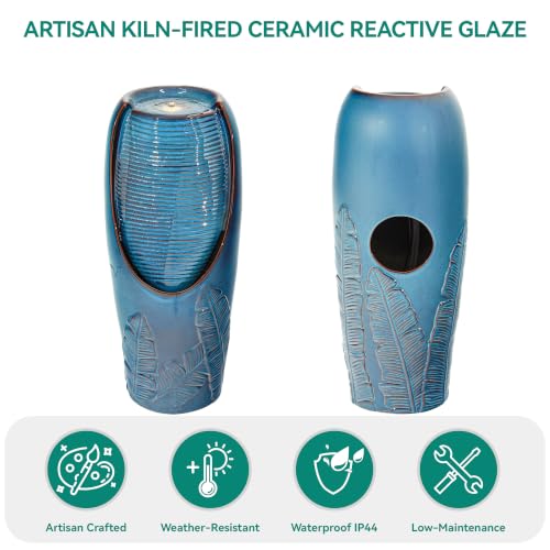 Autodaya 33" H Ceramic Jar Outdoor Water Fountain (32"h-leaf Pattern Teal Blue Glaze)