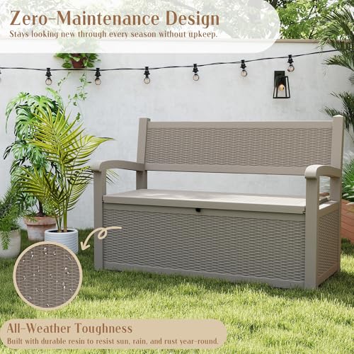 80 Gallon Outdoor Storage Bench Lockable Deck Box Outdoor Storage Box Waterproof for Patio (Grey Pattern / 80 Gallon)