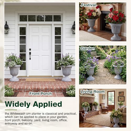 4 Pcs 10 x 12 Inches White Wash Plastic Urn Planter Classic Flower Pots Front Porch Planters Indoor Outdoor Planters with Pedestal for Wedding Party Bridal Shower Garden Patio Porch (10 x 12 Inches / White Wash)