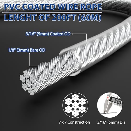 3/16" Cable, 200 ft PVC Coated Steel Cable with 7×7 Strand Core (200 Ft)