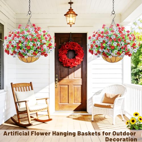 2 Set Artfiticial Hanging Flowers with Basket & Foam Outdoor (Red White / 2 Pcs)