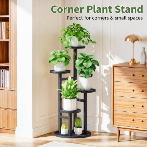 Wood Small Plant Stand Table Tall for Indoor Corner (Matte Black / 4 Tier)