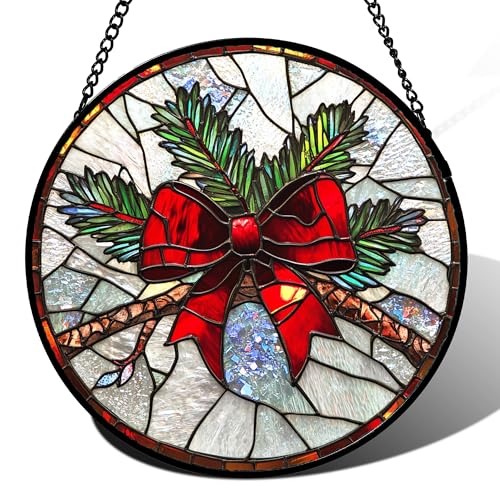Christmas Pine Bow Stained Glass Window Hanging Suncatcher Gifts Decor 7.8" (Red and Green / 7.8x7.8 IN)