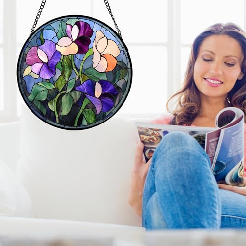Purple Pink Flower Leaves Stained Glass Window Hanging Suncatcher Gift 9.8" (Multiple Colors / 9.8x9.8 IN)