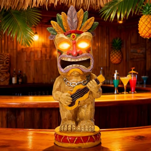 Solar Tiki Garden Statue with LED Eyes Outdoor Resin Ukulele Player Yard Decor Solar Light Hawaiian Style Lawn Ornament for Patio Porch Tiki Bar Decor Best Gift for Tiki Lovers (Ukulele Tiki Statue)