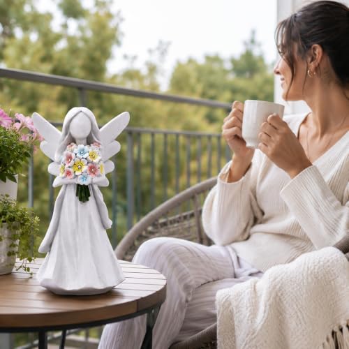 Solar Angel Garden Statue with Glowing Flowers (White)