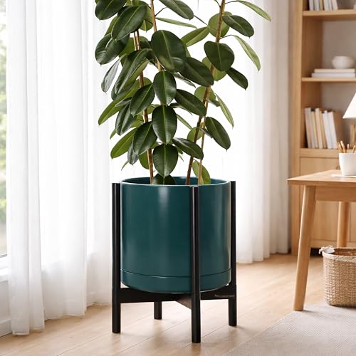 Ceramic Pot with Ebony Wood Stand (14 Inch / Teal Pot + Ebony Stand)