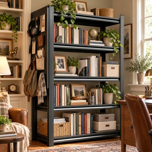 Heavy Duty Metal Bookshelf Adjustable 5 Tier Book Shelf with Bolt (Pegboard 72"H×39.4"W×15.7"D)