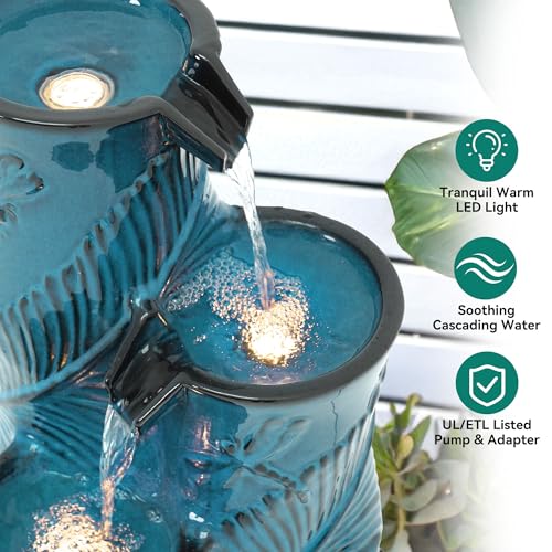 Autodaya Tropical Turquoise Ceramic Outdoor Water Fountain with Lights (25.5"h Bamboo-style Teal Blue)