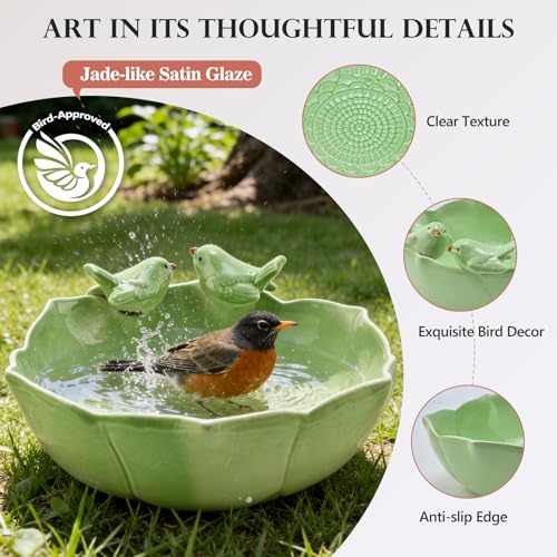 Glazed Ceramic Bird Bath Bowl for Outdoor Ground (Light Green)