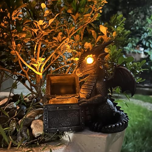 Garden Dragon Statue Solar Powered Outdoor Figurine Light Decor Cute and Hold Glowing Treasure Chest Resin Sculpture Home Decoration for Porch Patio Lawn Farm Yard Housewarming Ornament Gift (treasurebox)