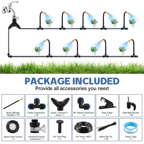 100FT Misting Cooling System with 360°Adjustable Nozzles (100FT with Adjustable Brass Spray Nozzles)