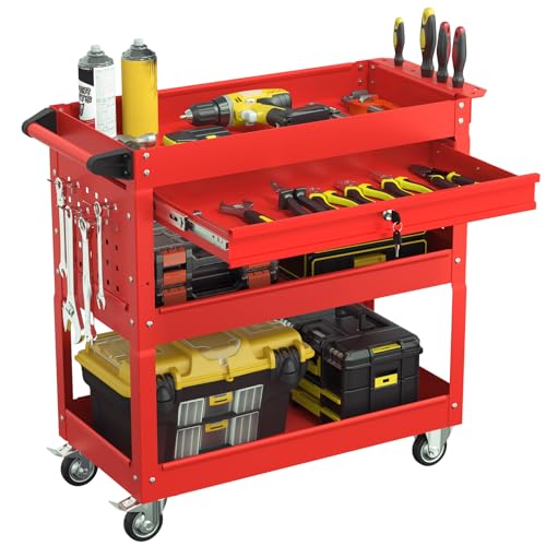 3 Tier Heavy Duty Rolling Tool Cart with Drawers (Red)