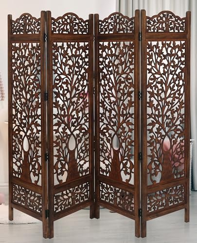 Room Divider Wooden Foldable Hand Carved Screens Panel_80" Wx72 H_4Panel (Burnt / 80"W x 72"H - Tree)