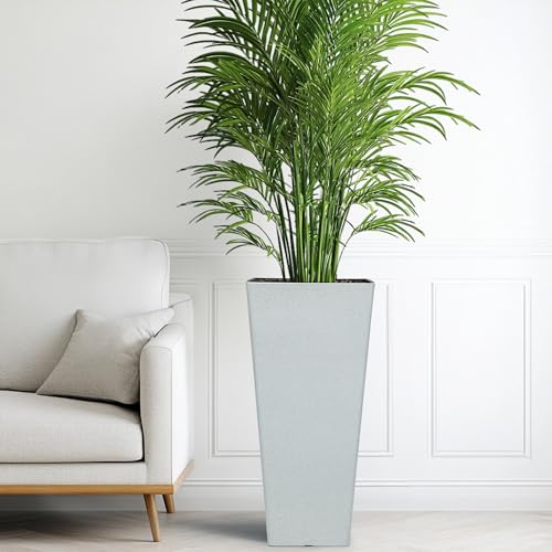 Autodaya 28" Plant Pots Tall Planters for Outdoor Plants Set of 2 with Tray (Tall Terrazzo White-28")