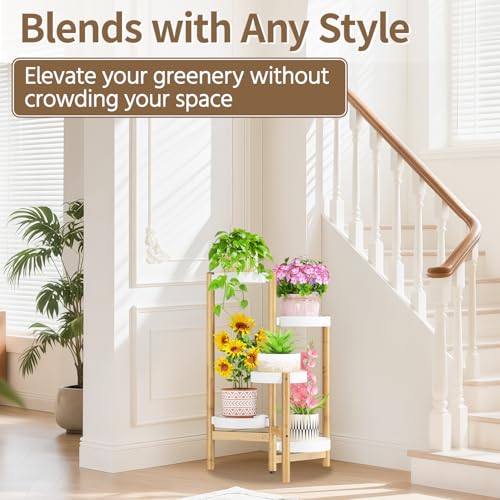 Plant Stand Table Tall for Indoor Corner (Classic White-Bamboo / 5 Tier)