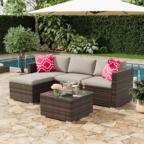 5-Piece All-Weather Patio Furniture Set, Convertible Outdoor Sectional Sofa with Ottoman & Tempered Glass Table, PE Rattan Conversation Set for Garden, Backyard, Porch, Poolside (Brown/Grey / 5 Pieces)