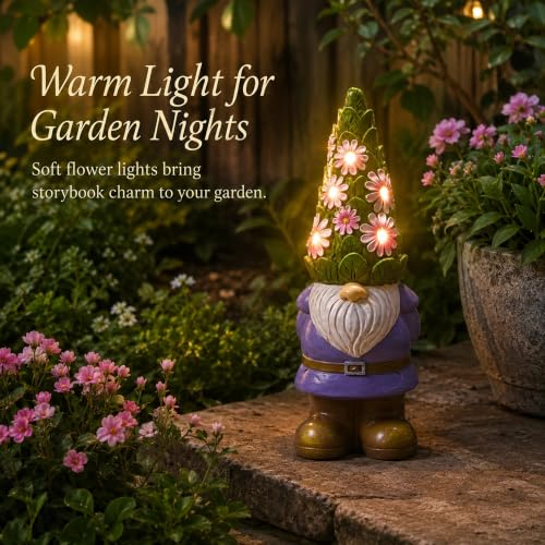 Solar Garden Gnome Statue (Flower Hat Gnome)