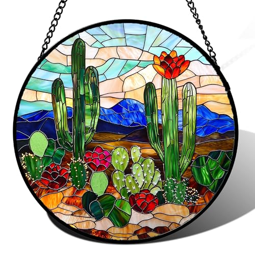Green Cactus Stained Glass Window Hanging Suncatcher Gifts for Women 12"