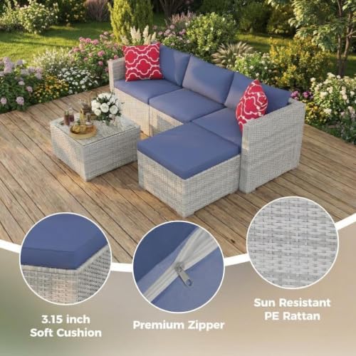 5 Piece Outdoor PE Wicker Patio Sofa Set (Grey/Blue / 5 Pieces)