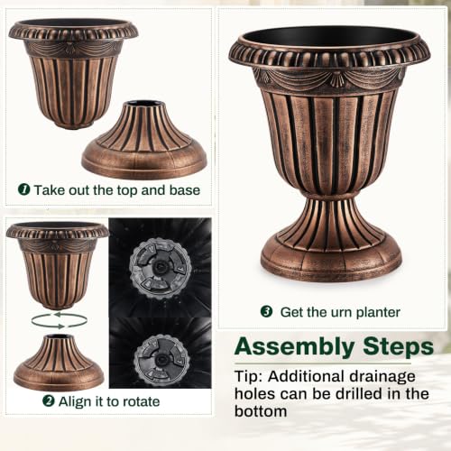 4 Pcs 13 x 15 Inches Brushed Copper Plastic Urn Planter Classic Flower Pots Front Porch Planters Indoor Outdoor Planters with Pedestal for Wedding Party Bridal Shower Garden Patio Porch (13 x 15 Inches / Brushed Copper)