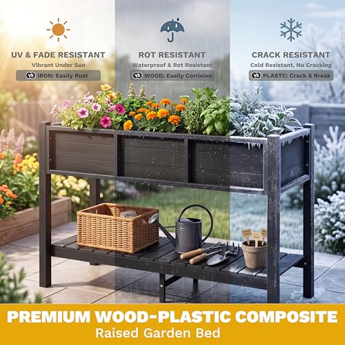 Raised Planter Box with Legs 48x18x30in Raised Garden Bed HDPE Poly Wood Weather (Black / 48x18x30in w/shelf)