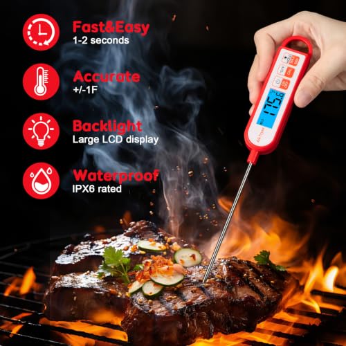 Digital Instant Read Meat Thermometer Kitchen Cooking Food Candy Thermometer for Oil Deep Fry BBQ Grill Smoker Thermometer by AikTryee (Red-SR806)