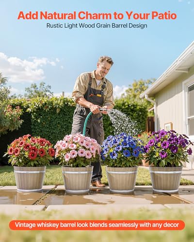 Plant Pots 4 Pack 11.81 inch Whiskey Barrel Planters with Drainage Holes (11.81 in, 4 Pcs / Modern)