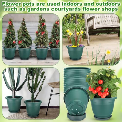 12 Pcs 10'' Plastic Plant Pots Round Planter Pots with Saucer Tray Seedling Pot Hole Seed Resin Plant Pot Starting Nursery Flower Container with Pallet for Garden Outdoor Indoor (Green / 10'')