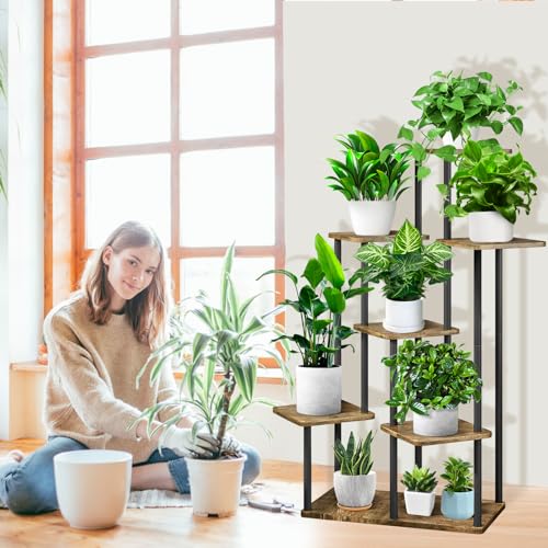 7 Tier Plant Stand Indoor (Black+Brown / 7 Tier)