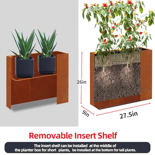 Metal Tall Long Planter Box Large Rectangular Planter Flower Pot with Drainage Holes for Indoor Outdoor Deck Porch Garden Home Patio Front Door (Rusty Orange / Small)