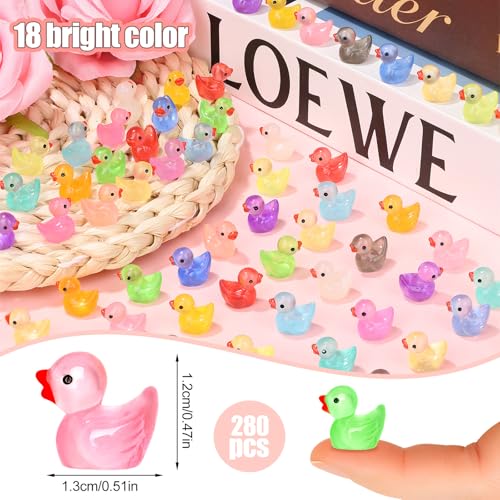 280PCS 18 Colors Luminous Mini Resin Ducks Glow in The Dark Tiny Ducks Figures to Hide Bulk Plastic Duck Miniature for Dollhouse Micro Landscape Aquarium Potted Cake Decor DIY Craft Gifts Party Favors (280pcs-colorful Ducks)
