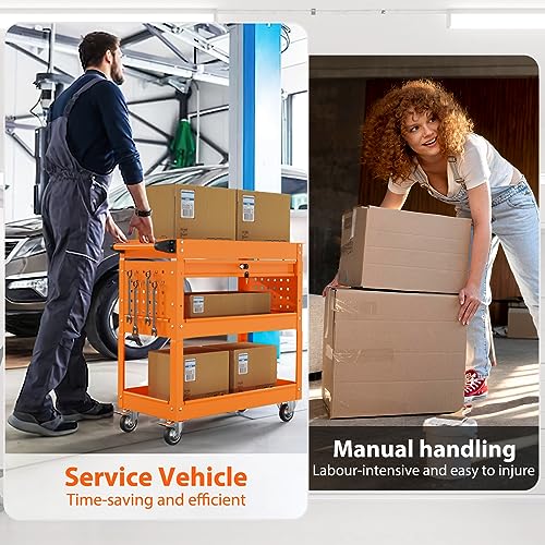 3 Tier Heavy Duty Rolling Tool Cart with Drawers (Orange)