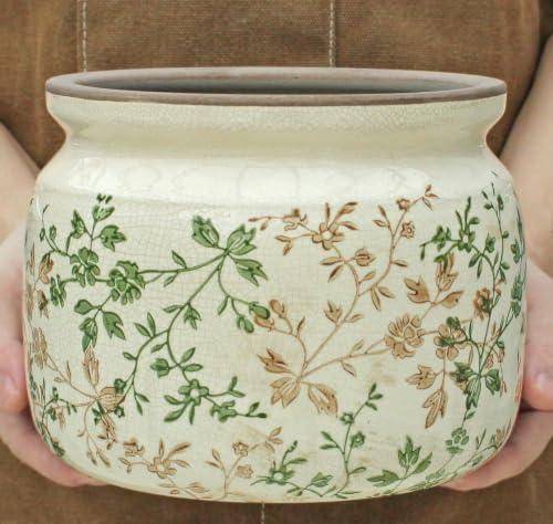 Country Cottage Ceramic Plant Pots with Decorative Tray (Sage Beige / 7.7 in - w/ Saucer)