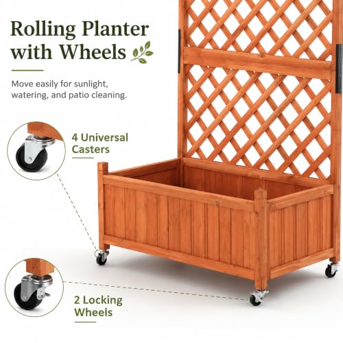 Trellis Raised Garden Bed with Wheels Trellis for Climbing Plants Outdoor (Red Brown / H63 × W36 × D17.5 in)
