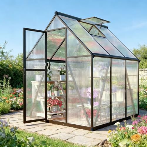 6 x 6 FT Polycarbonate Greenhouse with Roof Vent (Dark Gray / 6×6FT)