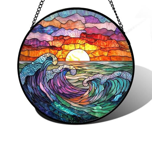 Clouds and Sea Waves Stained Glass Window Hanging Suncatcher Gifts 7.8"