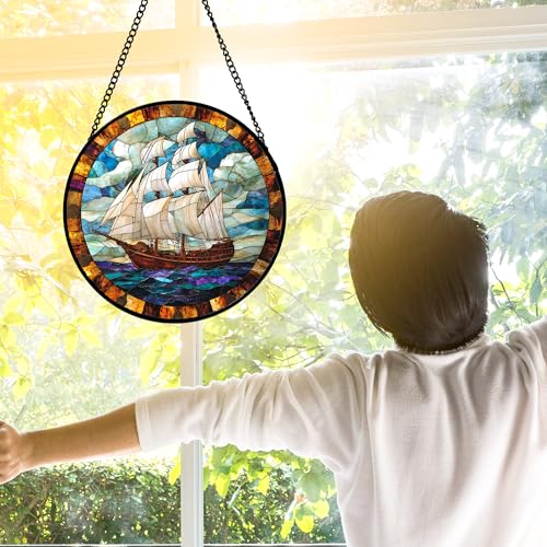 Blue Ocean Sailing Stained Glass Window Hanging Suncatcher Gifts 7.8"