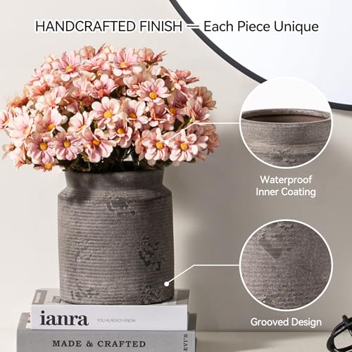 Ceramic Flower Vase 7.5 inch Farmhouse Rustic Vase for Home Decor Handcrafted Pottery Terracotta Vases for Dining Table Decor Fireplace Living Room Bathroom Wedding Centerpiece (01-m-dark Gray)