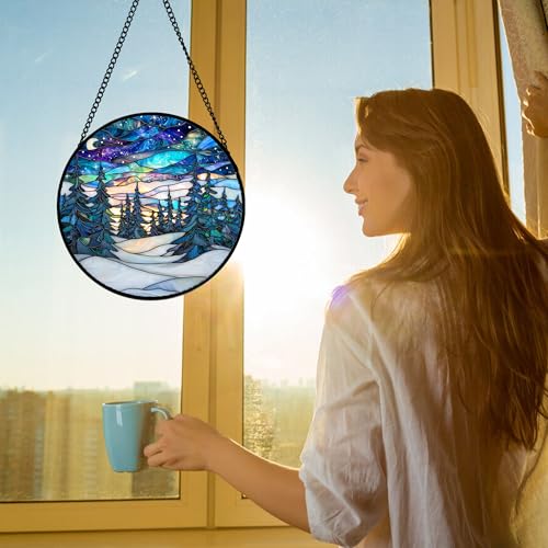 Aurora Winter Forest Stained Glass Window Hanging Suncatcher Gifts 9.8"