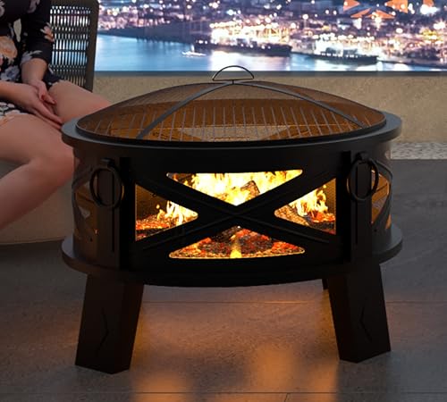 26in Steel Fire Pit with Chimney for Backyard Camping BBQ (Contemporary)