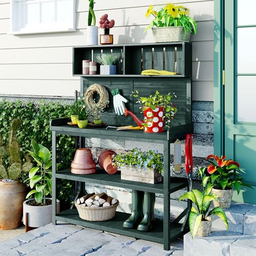 65" Large Wooden Farmhouse Rustic Outdoor Potting Bench Table with 4 Storage Shelves and Side Hook (46.9 inch Length / Forest Green)