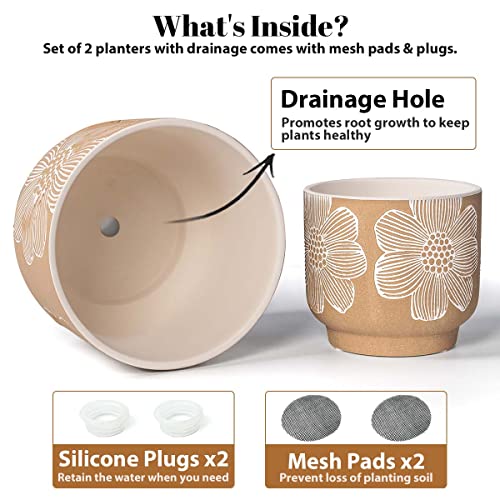 Ceramic Plant Pots (8+6 Inch / Modern Tan Floral)